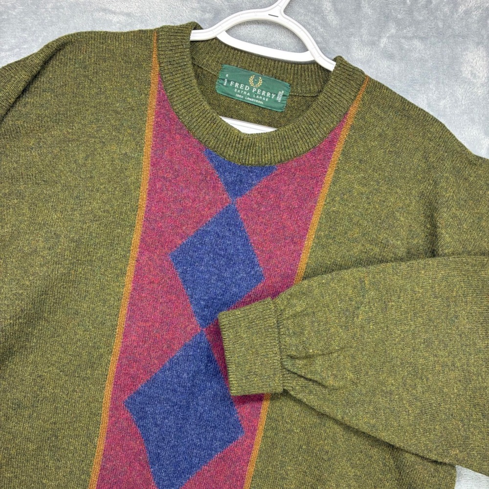 Fred Perry Lambswool Crewneck Sweater Mens XL Green Argyle Made in UK